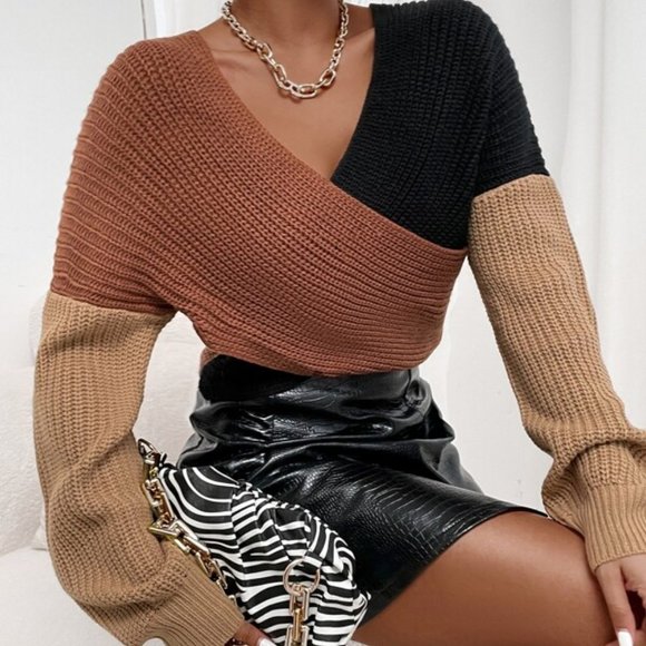 MODA ME COUTURE Sweaters - Multi Color Cut And Sew Drop Shoulder Crop Sweater